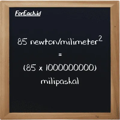 How to convert newton/milimeter<sup>2</sup> to millipascal: 85 newton/milimeter<sup>2</sup> (N/mm<sup>2</sup>) is equivalent to 85 times 1000000000 millipascal (mPa)